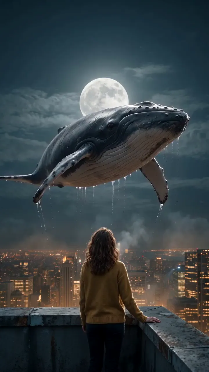 A whale over the night city — a frame from a dream made with Zizzz